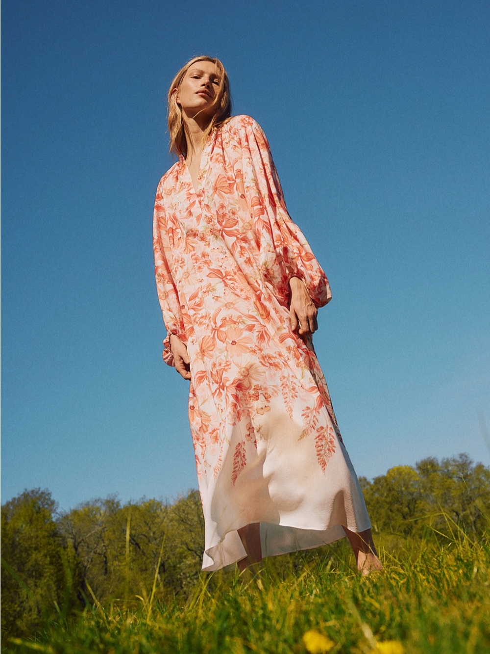 H&M HM Balloon Sleeved Maxi Flowy Pink Floral Dress